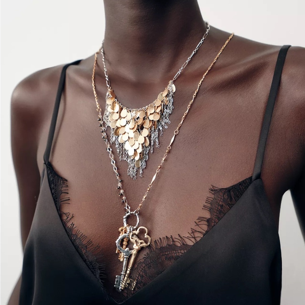 Zara 2-PACK OF COMBINATION PLATE & KEY NECKLACES Gold & Silver Tones Beading NIB